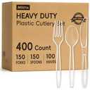 400 Count Heavy Duty Plastic Silverware, BPA-Free, Clear Plastic Cutlery Set, Premium Disposable Utensils for Party Everyday Use, 150 Forks, 150 Spoons and 100 Knives