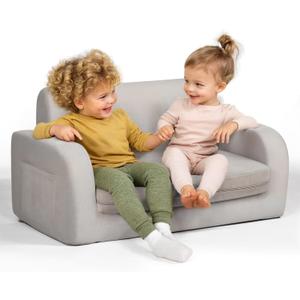 3-in-1 Extra Wide Convertible Kids Couch, Flip Open Toddler Couch to Lounger, Comfy Toddler Chair, Machine-Washable Kids Sofa for Girls, Kid Sofa Bed for Fun Playtime or Comfy Lounging, Gray
