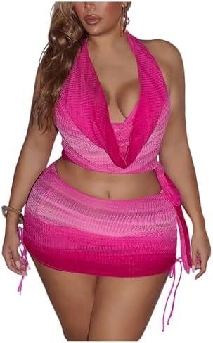 OYOANGLE Women's Plus Size 4 Piece Crochet Swimsuit Triangle Halter String Bikini Set with Cover Up Beachwear,1XL