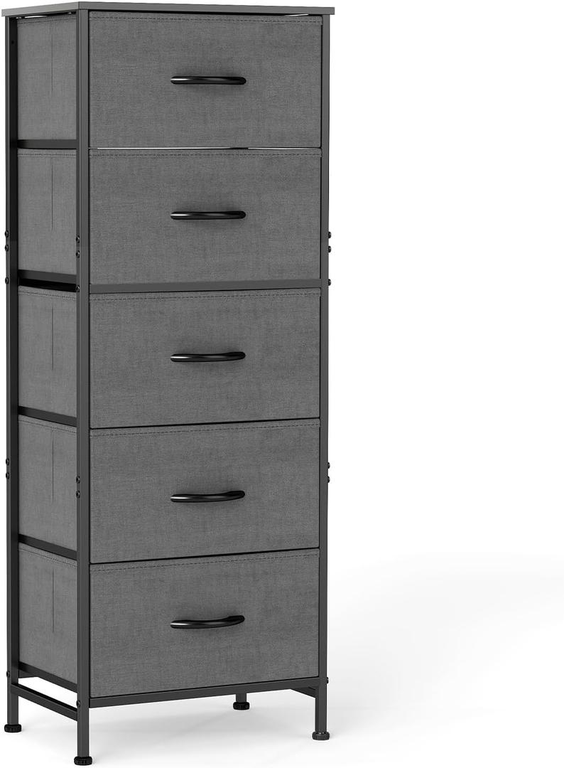 Sweetcrispy 5 Drawer Dresser with Fabric Bins Steel Frame Wood top Storage Chest for Bedroom Closet Hallway Gray Compact Organizer Durable Home Storage Solution
