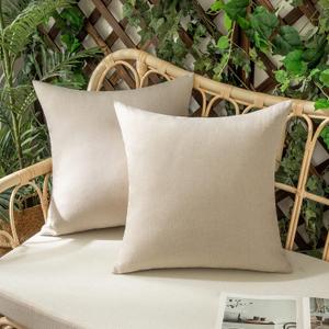 Set of 2 Outdoor Waterproof Throw Pillow Covers Spring Decorative Farmhouse Linen Pillowcases Solid Cushion Cases for Patio Tent Balcony Couch Sofa Living Room Beige 20x20 Inch