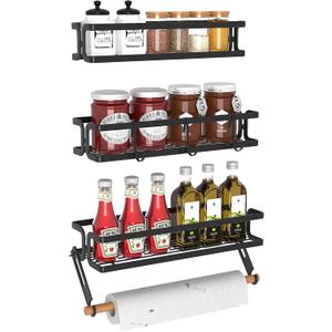 3 Pack Spice Rack Wall Mount with Paper Towel Holder and Hooks, Screw or Adhesive Hanging Spice Shelf, Space Saving Spice Organizer for Seasonings, Spice Racks for Stove Rv Cabinet Black