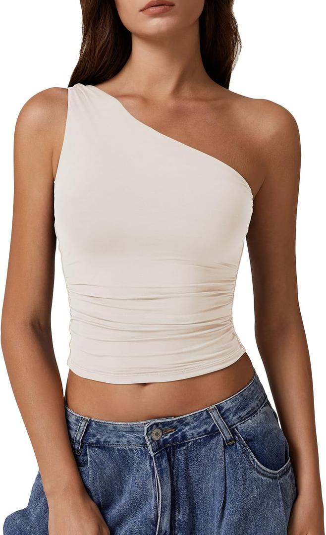 QINSEN Women's One Shoulder Tank Tops Double Lined Sleeveless Slim Fit Cropped Tee Shirt Y2k Tops (Beige)
