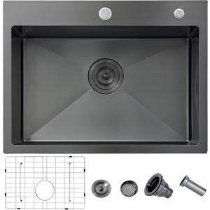 HOTIS 24 X 18 Inch Black Drop In Kitchen Sink, Black Stainless Steel Kitchen Sink, Large Residential Sink with 2 Holes, Single Bowl Topmount Workstation Sink with Dish Grid & Drain