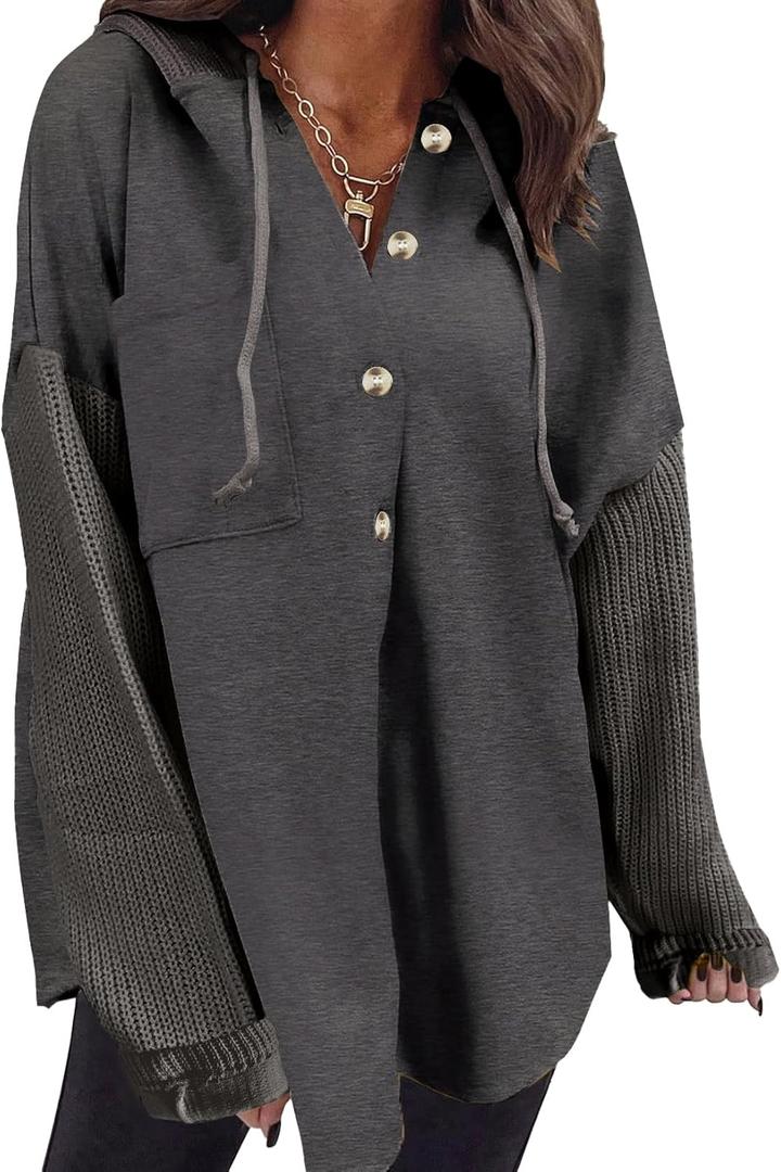 SHEWIN Women Oversized Hooded Sweatshirt Loose Fit Casual Button Hoodies with Pocket 2026 (Medium, Carbon Grey)