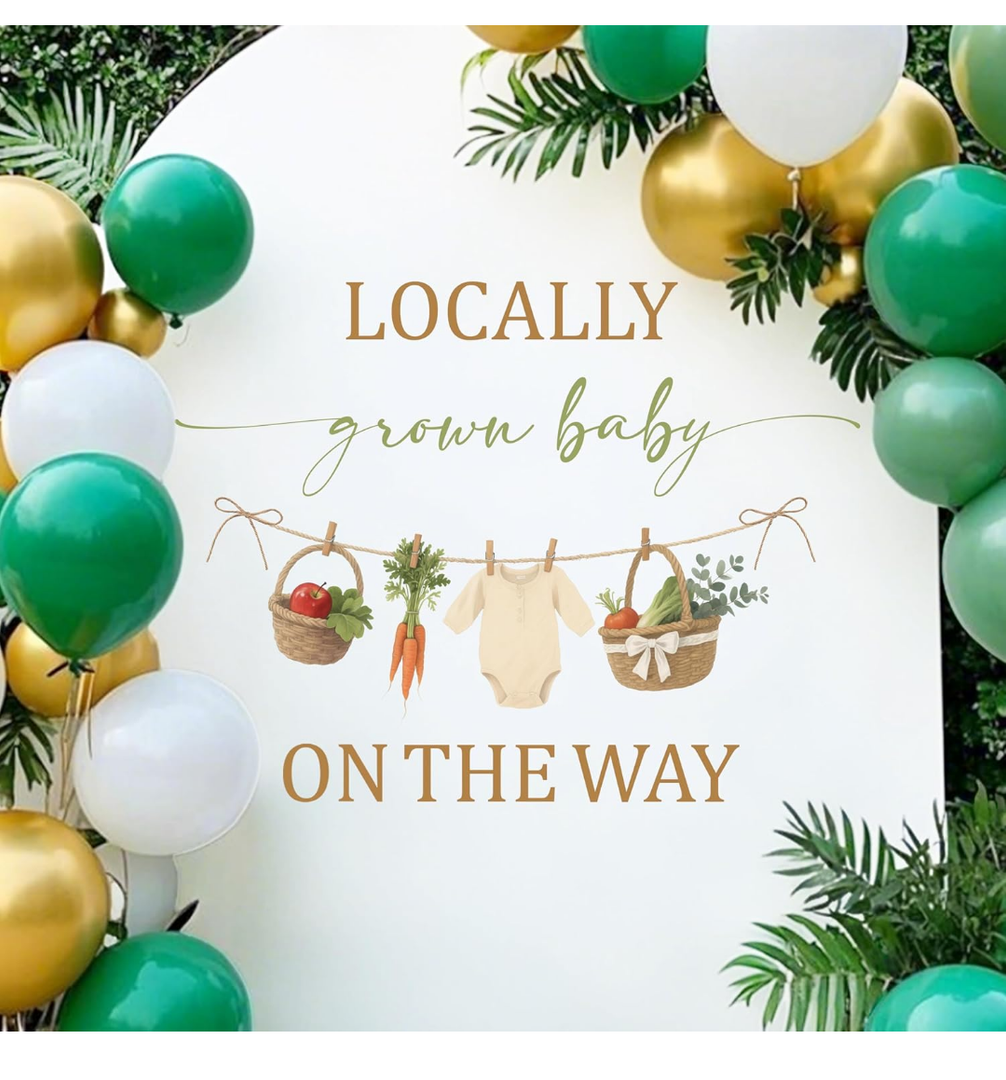 Hzbcxs Locally Grown Baby on The Way Decal - Fruit and Vegetables Farmers Market Baby Shower Decorations - Pregnancy Announcement Party Decorations Brown & Green