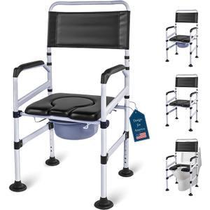 Eosprim 4In1 Heavy Duty Bedside Commode Toilet Chair for Seniors, Raised Toilet Seat Riser with Handles Arms, Portable Potty Shower Chair, Toilet Safety Rails Frame for Elderly Handicap Adult (Black)