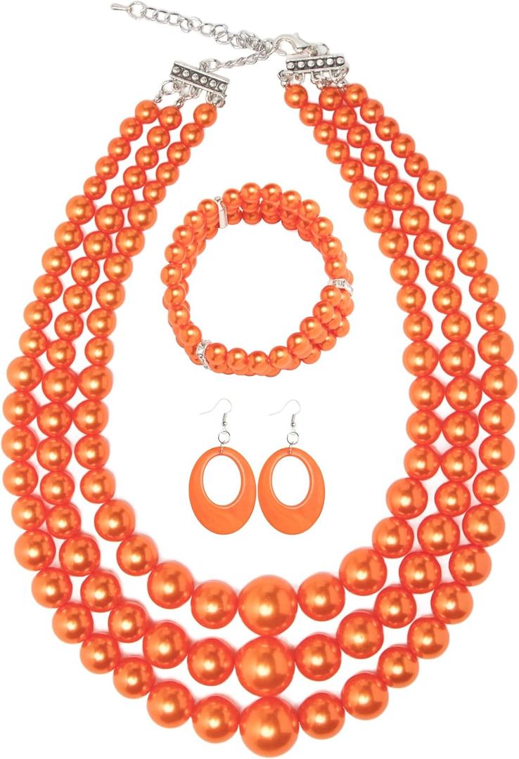 Miss U Hair Women's Chunky Large Statement Beads Necklace Earrings Stacked Bracelets Oversized Jewelry Set Halloween Party Outfit (Orange)