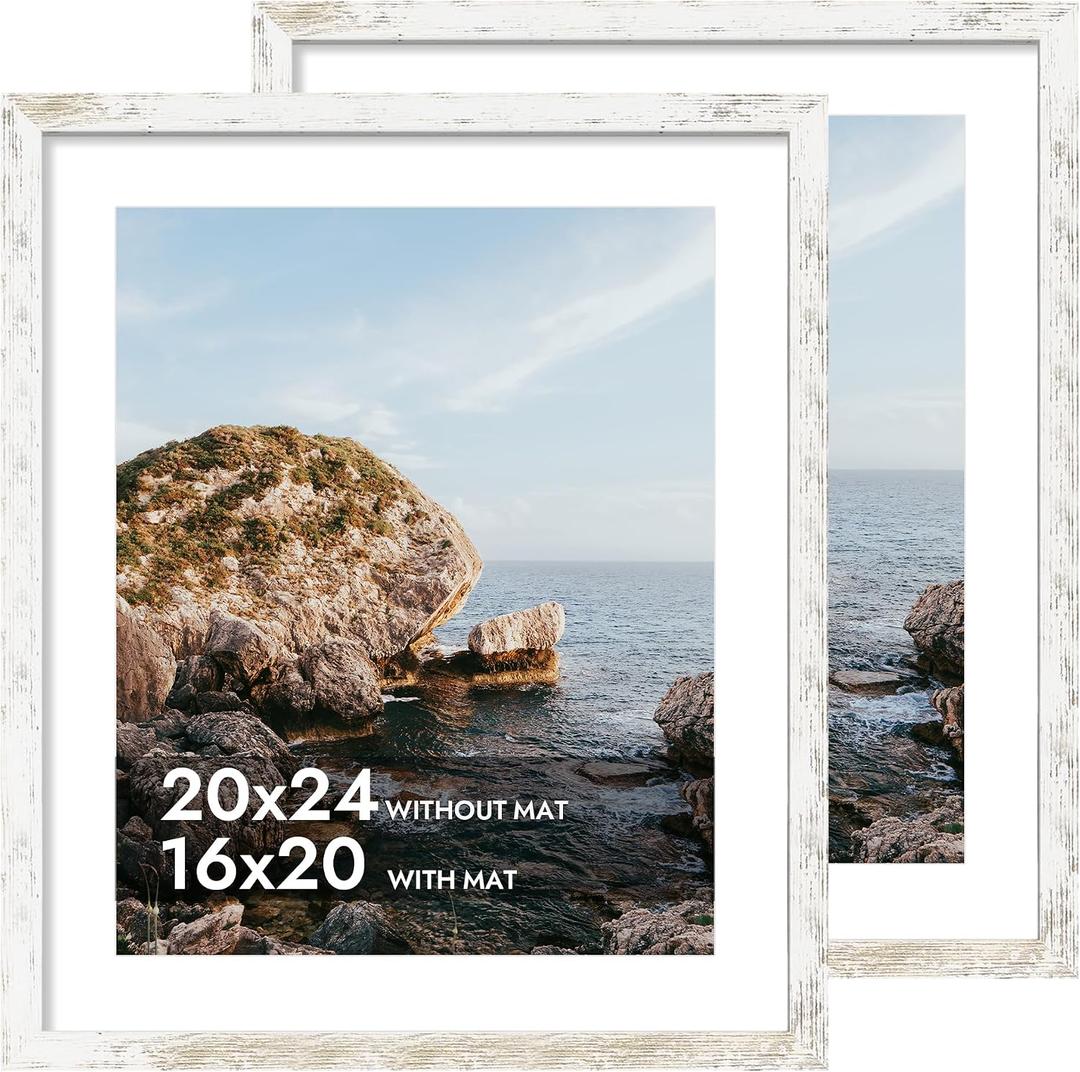 iRahmen 20x24 Poster Frame with 16x20 Mat - Plexiglass Wooden Picture Frames for Photo Wall Gallery Mounting (Distressed-White, Set of 2)