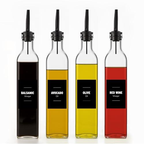Olive Oil & Vinegar Dispenser Bottle Set with Stainless Steel Pourer, Funnel & Labels - Glass Kitchen Oil Cruet - Dispenser Bottle for Coffee Syrup, Soy Sauce, Cooking Sauces & More - 500ml - Set of 4