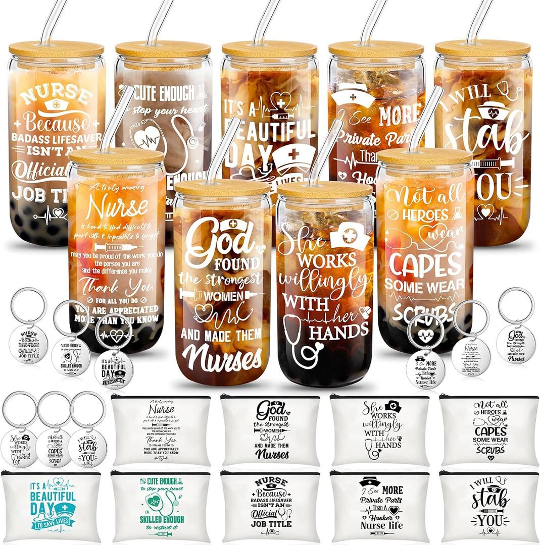 Maxcheck 27 Pcs Nursing Appreciation Gift Set Nurse week Gift 9 Pcs 16oz RN Glass Cups with Lid Straw 9 Rainbow Makeup Bag 9 Keychain for RN Student Graduation Supplies(Nursing)