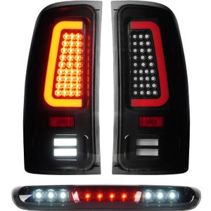 LED Tail Lights Assembly + 3rd Third Brake Cargo Lamp Fit for GMC Sierra 1500 07-13 (SL, SLE, SLT, WT), 2500HD 3500HD 07-14 (only fit 3500HD with Single Rear Wheel Model), Black Housing Smoked Lens