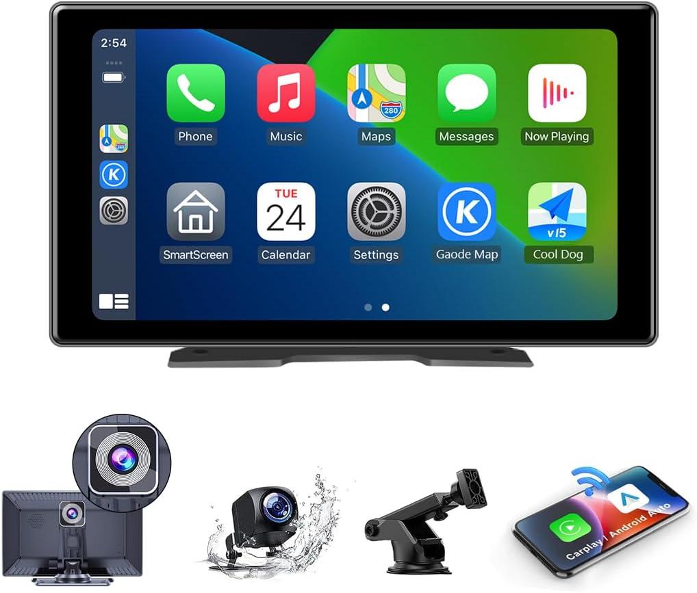 9" Car Stereo Apple Carplay Android Auto with 4K Dash Cam DVR,1080P Backup Camera, Portable Touchscreen GPS Navigation, Car Stereo Receiver with Mirror Link,Bluetooth, AirPlay,FM, Siri