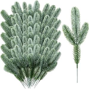 100 Pcs Artificial Pine Needles Branches Garland Green Plants Pine Needles Christmas Picks Fake Christmas Greenery for Xmas DIY Garland Wreath Home Garden Decor, 6.7 x 2.4 Inch (Snow Covered Style)