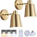 Battery Operated Wall Sconce Set of Two,Gold Modern with Remote Control Dimmable Wall Lighting Indoor, Not Hardwired Led Wall Lamp Fixtures for Bedroom, Bulb Included