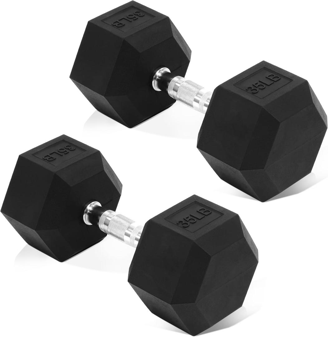 Rubber Encased Hex Dumbbell, Hand Weights with Anti-Slip Cast Iron Grip for Exercise & Fitness, Weights Dumbbells Set of 1 for Strength Training, 35 LBS Pair