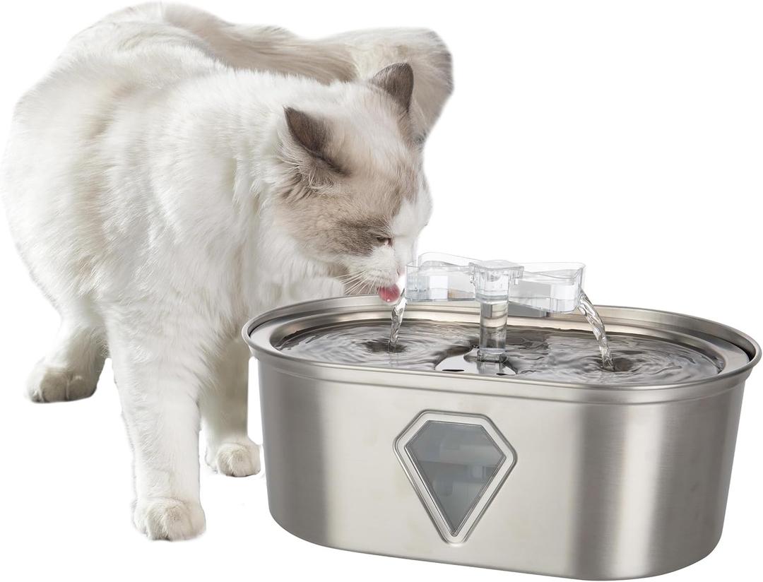 Cat Water Fountain - Stainless Steel Water Fountain for Small Pets - 118oz/3.5L Automatic Cat Water Dispenser with Water Level Window by PETMAKER