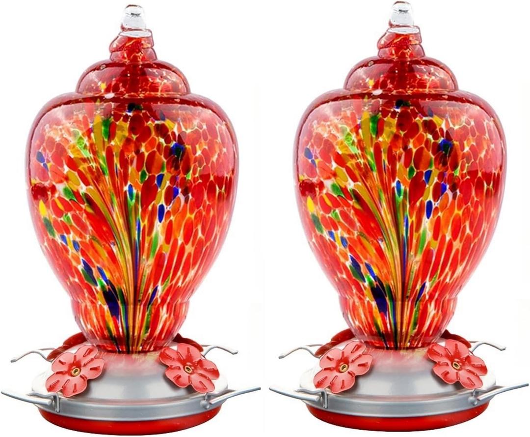 2 Pack Unique Hand Blown Glass Hummingbird Feeders for Outdoors Hanging Patio Garden Decorations Hummingbird Feeder with Ant Moat Hook Brush and Service Card (Blue and Fire)