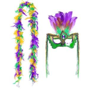 Sucrain Carnival Masquerade Mask and 71 Inch Mardi Gras Feather Boa for Women Costume Party Supplies