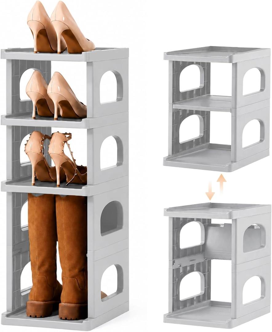 5 Tiers Vertical Shoe Rack for Closet Narrow Shoe Holder Storage Organizer, Plastic Free Standing Shoe Rack Shelf for Entryway Stackable Stability DIY, Grey