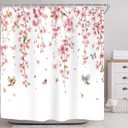 Riyidecor Pink Cherry Blossom Shower Curtain for Bathroom Decor 72Wx72H Asian Weeping Flower Birds Butterfly Japanese Sakura Floral Cute Art Printed Fabric Polyester Waterproof 12 Pack Metal Hooks