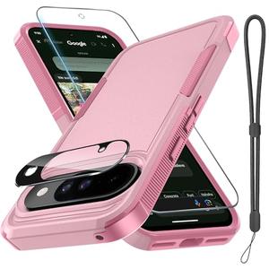 for Google Pixel 10 & Pixel10 Pro Case with Wrist Lanyard Strap+Tempered Glass Screen Protector+Camera Lens Cover,Full Body Heavy Duty Rugged Shockproof Protective Phone Cover,Cute Pink