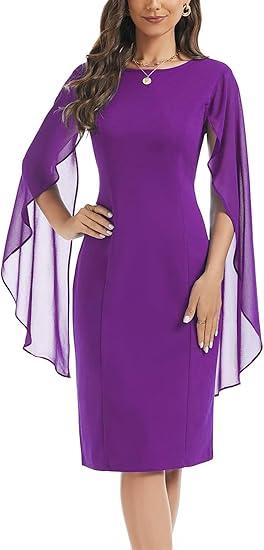 HELYO Women's Chiffon Cloak Sleeve Mini Cape Dress V-Back Semi-Formal Elegant Bodycon Wedding Guest Evening Cocktail Dresses, Size M