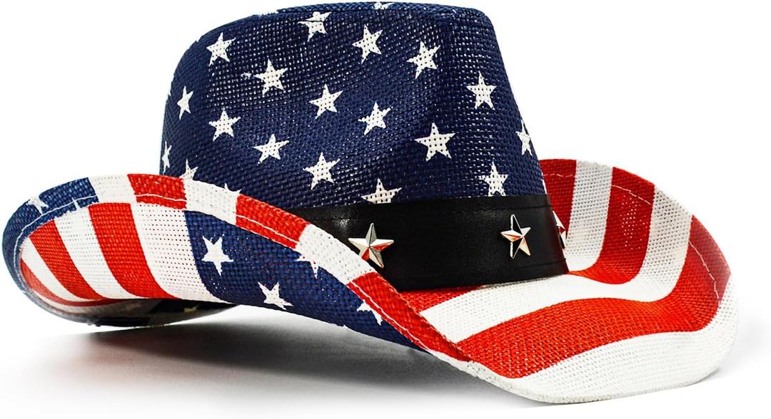 FLUFFY SENSE. American Flag Cowboy Hat Patriotic USA Western Hat 4th of July Party Parade Rodeo Unisex Cowboy Cowgirl Hat (Small-Medium, Blue Usa Pride)