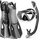 WONDSY Mask Fin Snorkel Set, Snorkeling Gear for Adults with Panoramic View Mask, Dry Top Snorkel, Adjustable Swim Fins and Travel Bag, Man Woman Snorkel Gear for Swimming Snorkeling Diving S/M