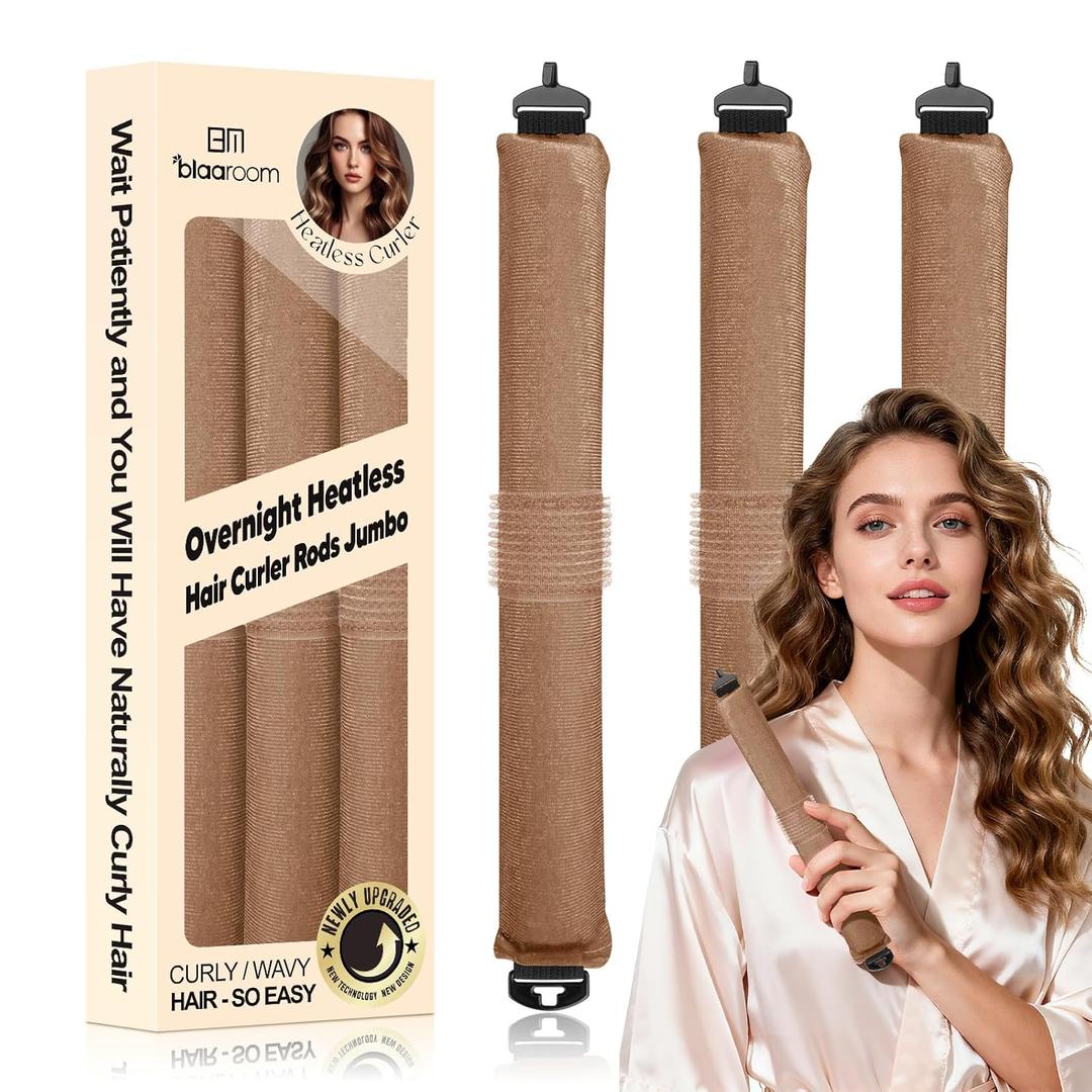 BLAAROOM Overnight Heatless Hair Curler, Upgraded with Hair Pad Grippers Satin Jumbo Flexi Blowout Curls Rods, 3pcs No-Heat Styling Tools Curling Rod to Sleep in for All Hair Types - Khaki