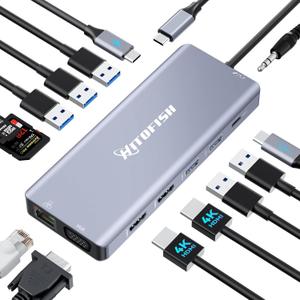 USB C Laptop Docking Station, 14 in 1 Type C Hub Multiport Adapter Dongle with 3 Monitors Compatible for MacBook/Dell/HP/Lenovo Laptops (Dual HDMI, VGA, PD, Ethernet, SD/TF, USB C/A Ports, Mic/Audio) (Grey)