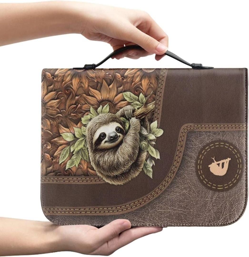 Men Brown Bible Cover Sloth Print Women Bible Carrying Case Church Bag with Multiple Pockets, Bible Case with Top Handle (Medium)