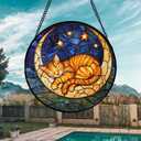 Stained Glass Window Hanging - Orange Moon Sleeping Cat Sun Catcher for Door Home Decor Blue Starry Sky Suncatcher Christmas Mother's Day Birthday Gifts for Women Men Mom Nana 6.3 in