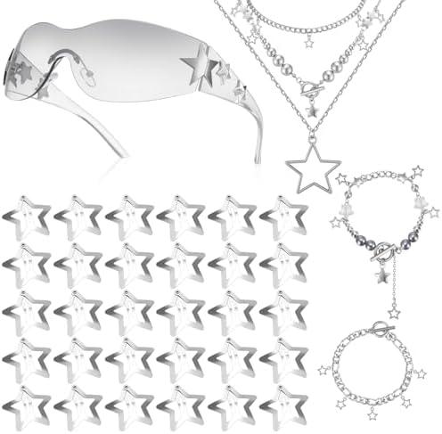 Y2k Accessories Set Included Star Y2k Silver Necklace Grunge Layered Necklace Y2K Sunglasses Star Hair Clip Y2k Silver Hair Clips Vintage Jewelry Set for Women