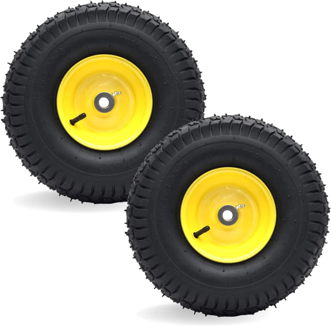 AR-PRO Exact Replacement 15" x 6.00-6" Front Tire and Wheel Assemblies Compatible with John Deere Riding Mowers 100 and D100 Series - 3" Centered Hub and 3/4" Bushings, 4Ply Pneumatic (Set of 2) (Yellow)