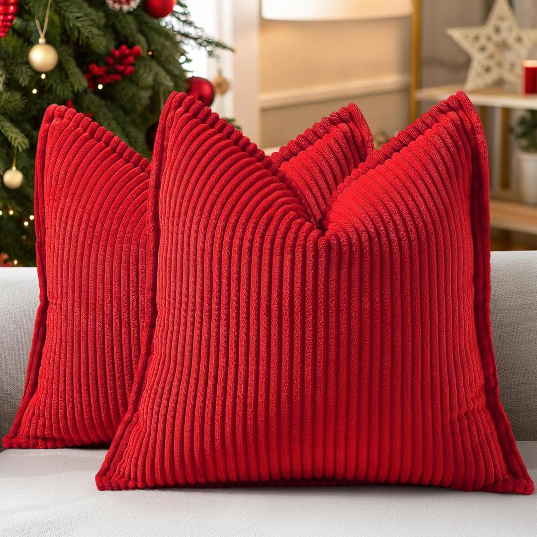 decorUhome Christmas Corduroy Red Throw Pillow Covers 16x16 Set of 2 Decorative Soft Boho Farmhouse Euro Couch Pillow Covers for Living Room Bed Sofa Broadside Striped Pillow Cases