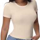 Womens T Shirts Basic Short Sleeve Crew Neck Slim Fit Tees Summer Workout Casual Bodycon Tops 2025 (Beige, L)