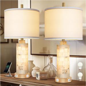 Natural Alabaster And Wood Table Lamp Set of 2 With Night Light Nightstand Lamps With USB Ports White Linen Fabric Shade Bedside Lamp Decor For Living Room Bedroom Home Office Hotel Bar House