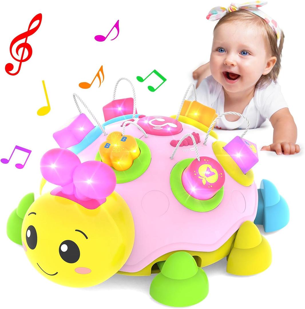 Baby Crawling Toys 6-12 Months, Musical Ladybug Crawling Toy for Infants 0-3-6 7 8 9 10 12-18 Months, Early Education Light Up Music Walking Toys, Shape Matching, Tummy Time Toys for Boy Girl Gift. (Pink)