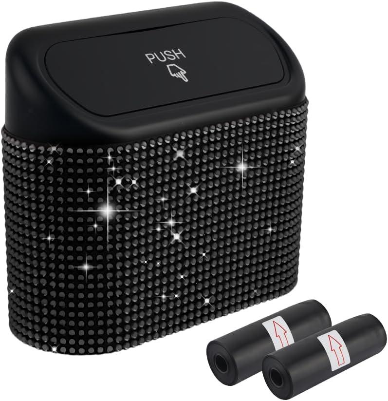 Car Trash Can with Lid & Rhinestones Design,Push-on Car Trash Bin for Storing Trashes Items & Cars Decor Includes 30PCS Trashes Bag,Shiny Cars Garbage Can with Back Clip for Side Door (Black Diamond)