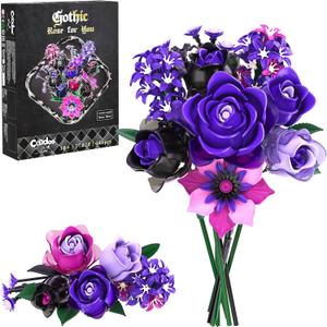 Gothic Rose Bouquet Building Set, Compatible with Lego Flowers, Halloween Botanical Collection for Home Decor, Creative Gifts for Valentines Day, Birthday & Teen Girl Gifts