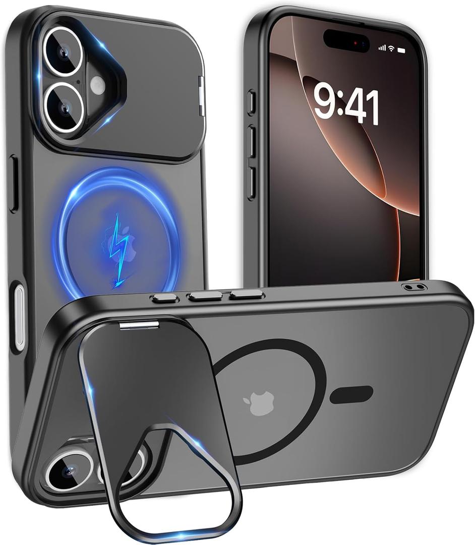 Cufelf Magnetic for iPhone 16 Plus Case(Compatible with Magsafe)(Built-in Invisible Kickstand) Military Drop Protection,Anti-Fingerprint,Anti-Scratch,Matte Translucent Phone Cover,6.7",Black