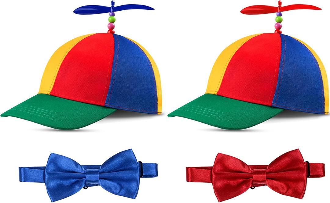 2 Pieces Adult Propeller Hat Helicopter Hat Rainbow Baseball Cap Funny Clown Hat and 2 Pieces Blue and Red Pre-Tied Bow Tie Adjustable Length Satin Bow Tie