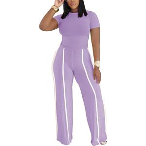 Ulovmi Women's Two Piece Outfit Slim Fit Top Wide Leg Pants Striped Tracksuit Loungewear Casual Outfit Set (Purple, L)