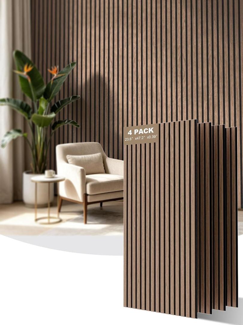 AKUMAX Waterproof Wood Slat Acoustic Wall Panels, 4 Pack, Walnut