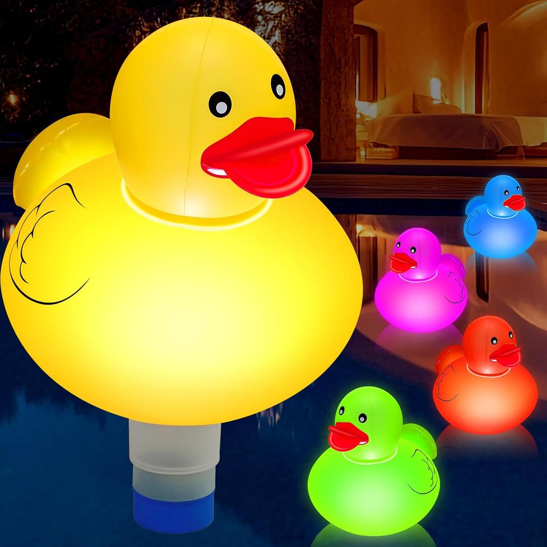 Shellwei 1 Pcs 16 Inch Large Solar Light up Yellow Duck Pool Chlorine Floater Glow in Dark Floating Pool Chlorine Dispenser for 3 Inches Tablets Anti Sinking, 4 Kinds Color Flashing Lights