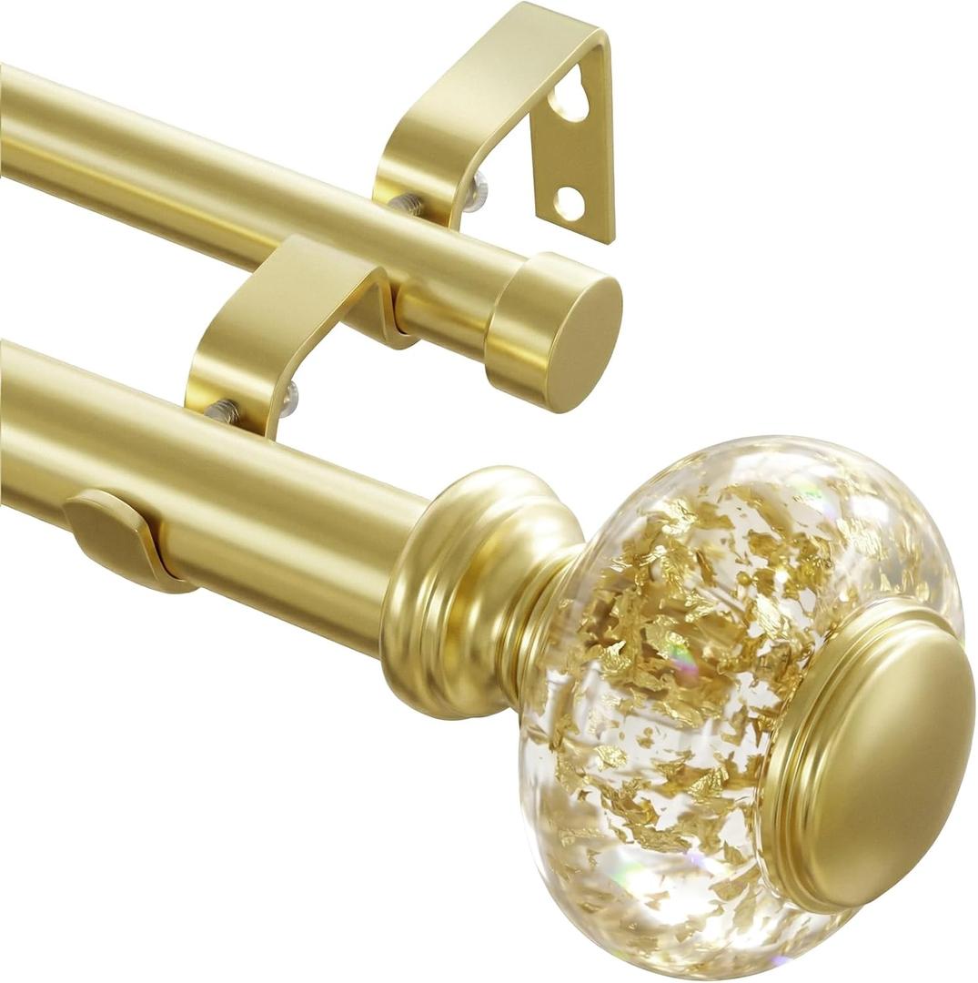 Gold Double Curtain Rod For Windows 28 to 48 Inch, 1 Inch Diameter Heavy-Duty Adjustable Dual Curtain Rod with Decorative Gold Foil Finials, Double Curtain Rod for Bedroom and Living Room
