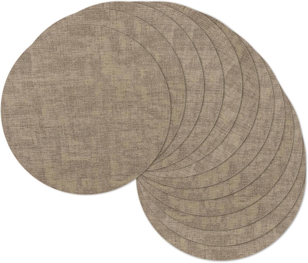 13" Round Placemats Set of 12, Reversible Faux Leather Heat Resistant Table Mats, 100% Waterproof Oilproof Wipeable Table Protective Placemats for Vinyl, Washable for Indoor (12, Light Coffee)