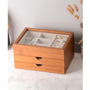 Jewelry Box with Glass Lid, 3 Layer Jewelry Organizer for Women, Solid Wooden Jewelry Box Display for Ring Earrings Necklace Bracelet, Pine Wood Jewelry Boxes Vintage Style for Gifts