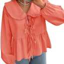 ZESICA Women's Tie Front Peplum Tops Long Puff Sleeve Lapel Collar Cute Babydoll Blouses Shirts L